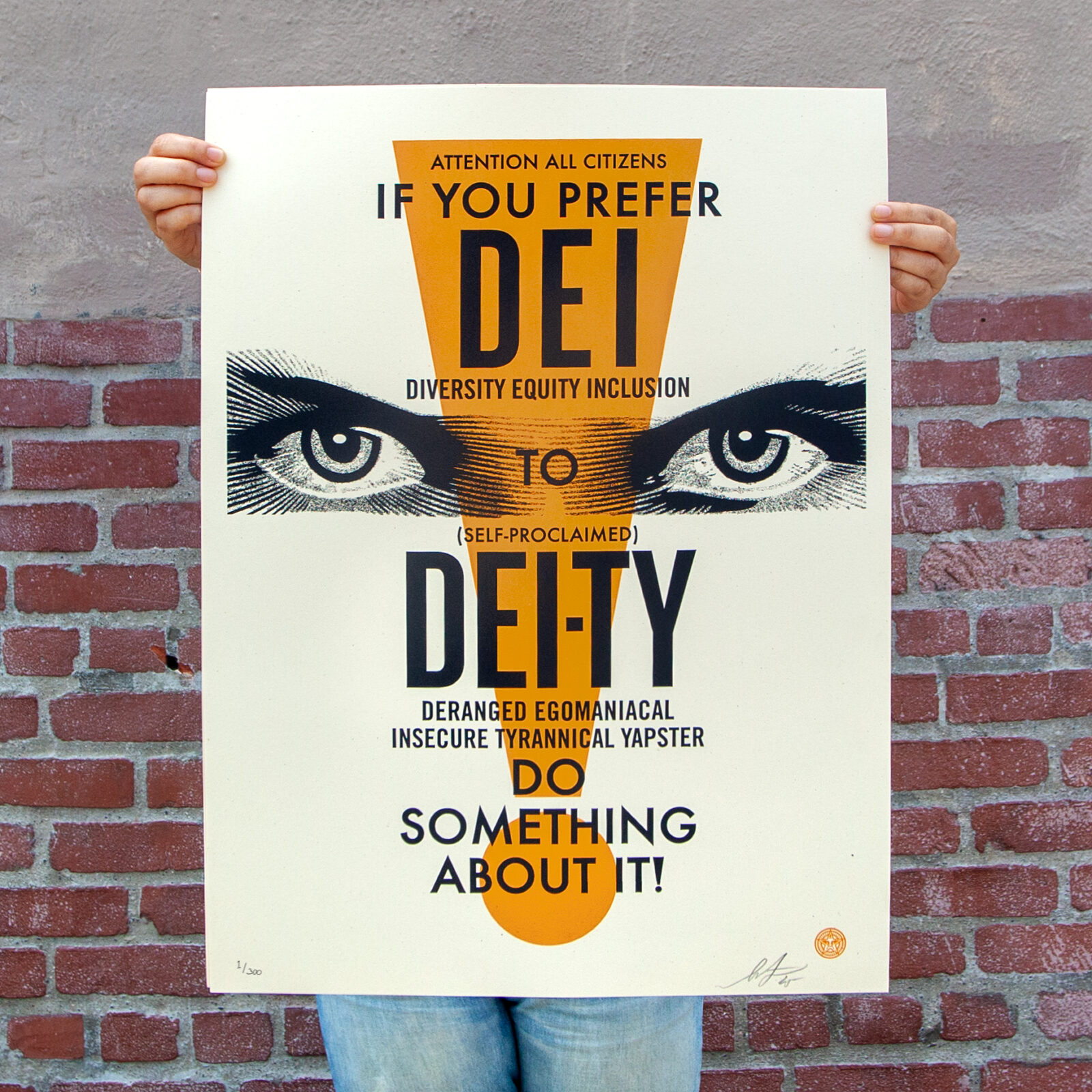 Hands holding a pop art poster with text