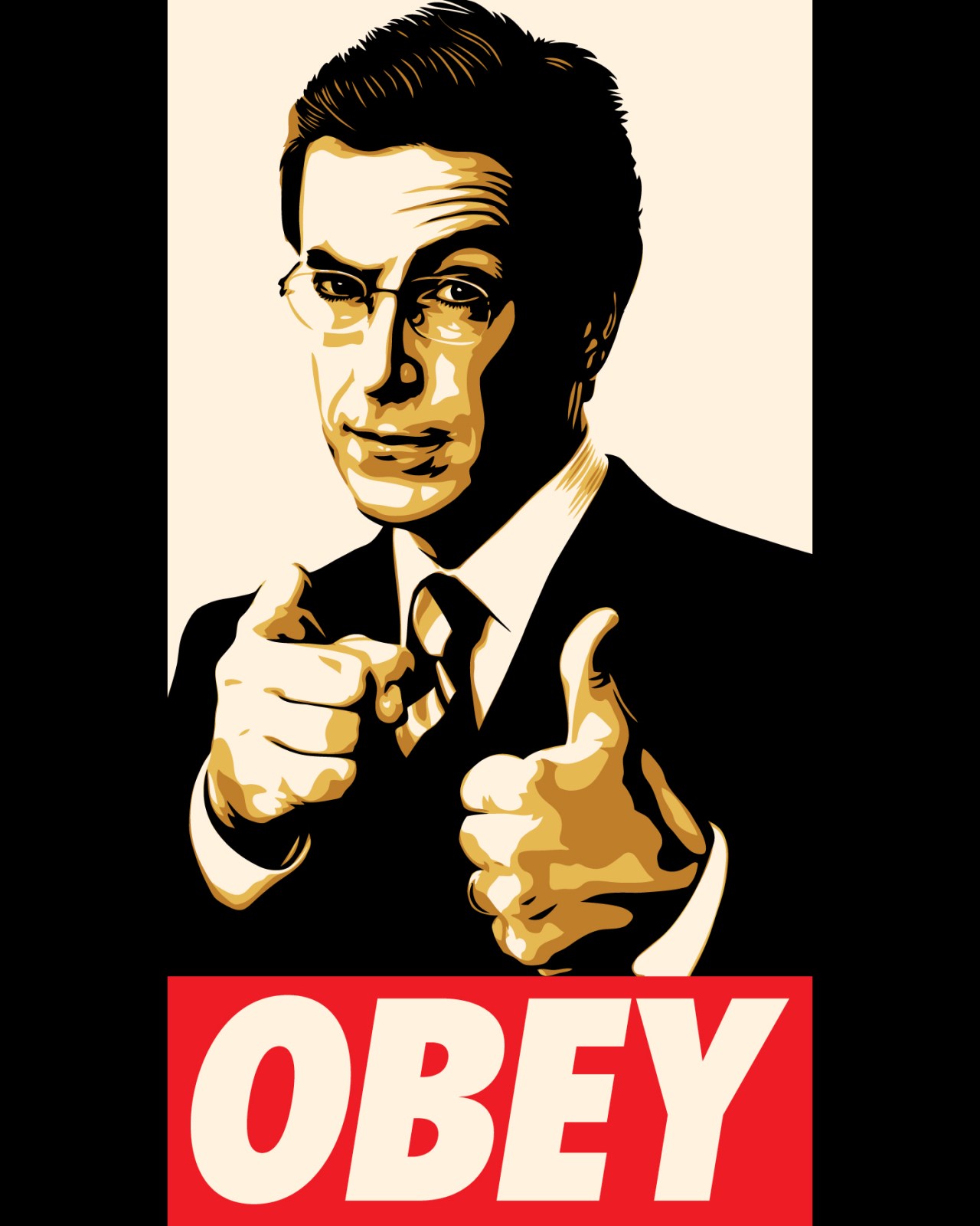 Stephen Colbert pointing and giving thumbs up; OBEY