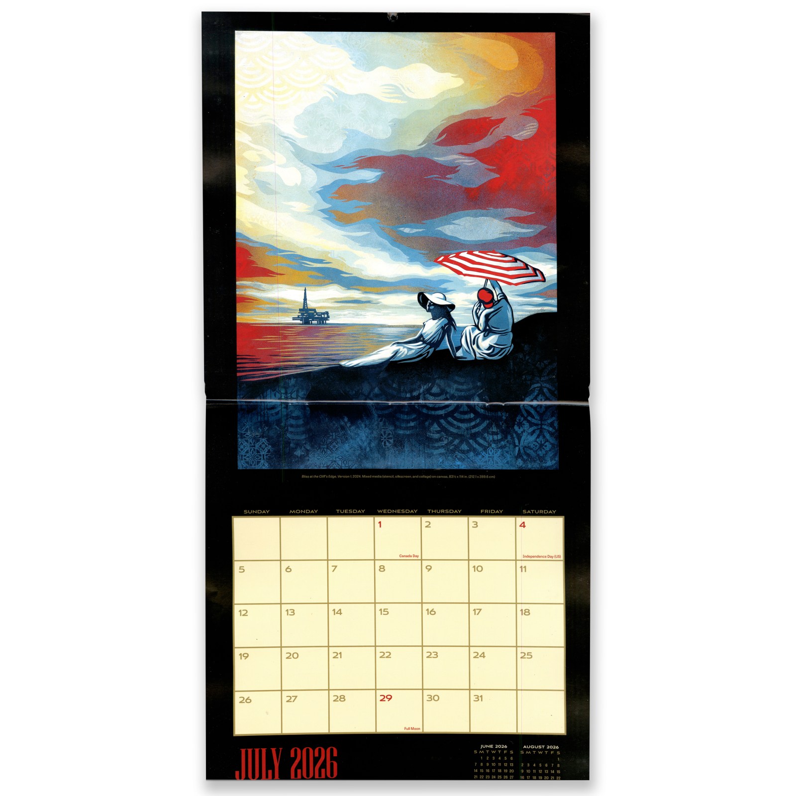 July 2026 calendar featuring artwork of two figures under an umbrella by the sea, oil rig in background.
