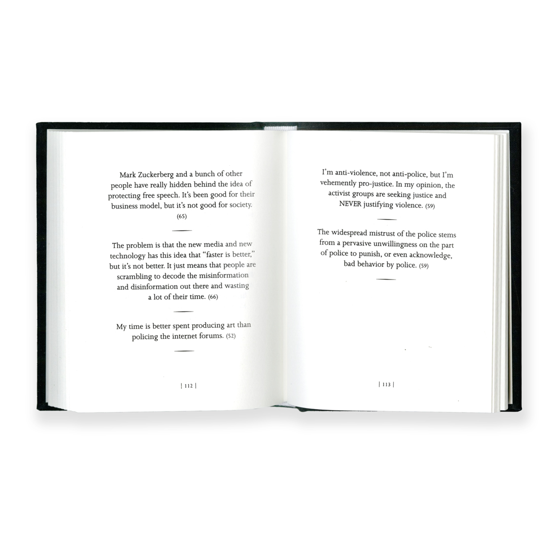 An open book displaying text on the left page about Mark Zuckerberg and new media, and on the right page about anti-violence…