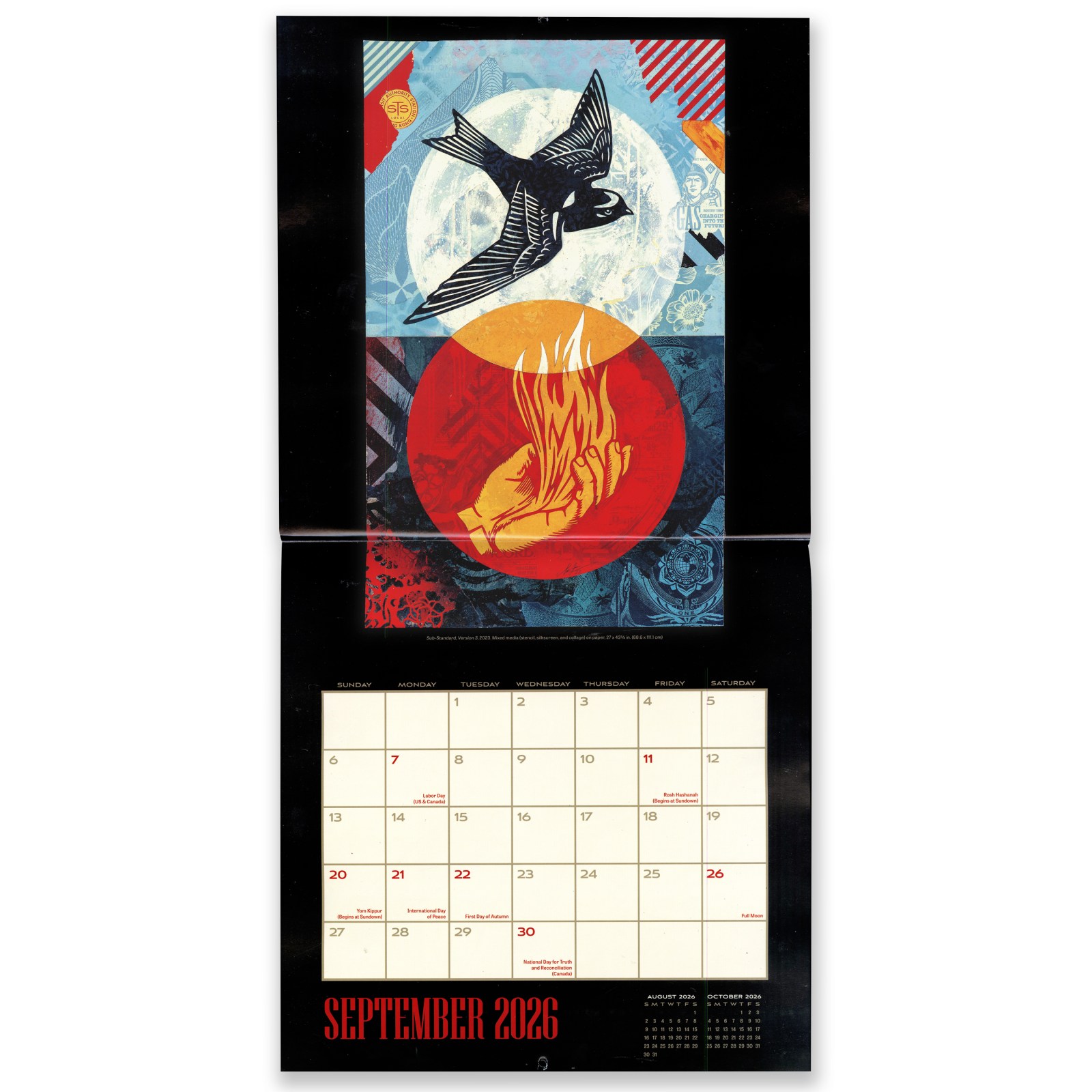 September 2026 calendar featuring artwork of a bird, fire, and hand; holidays and observances noted.