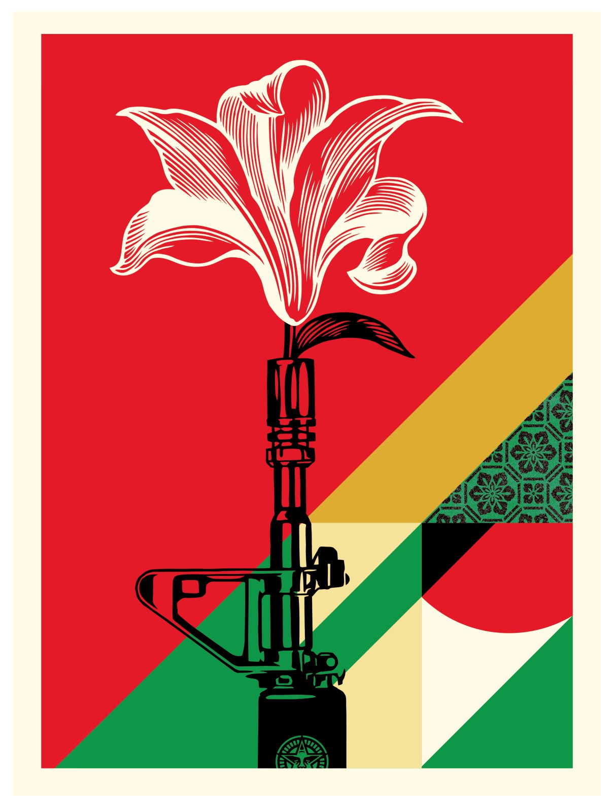 A white lily blooms from the barrel of a black assault rifle against a red background with geometric shapes in green, gold&hellip;