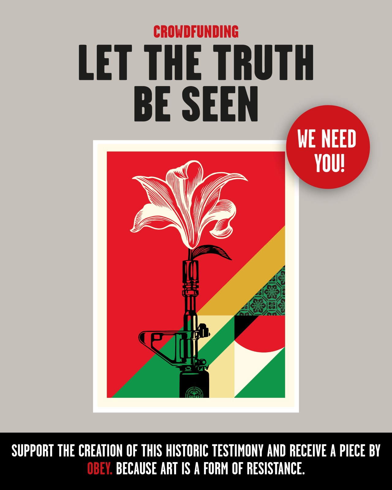 A crowdfunding poster with the text "CROWDFUNDING LET THE TRUTH BE SEEN" and "WE NEED YOU!" above an image of a lily in a&hellip;