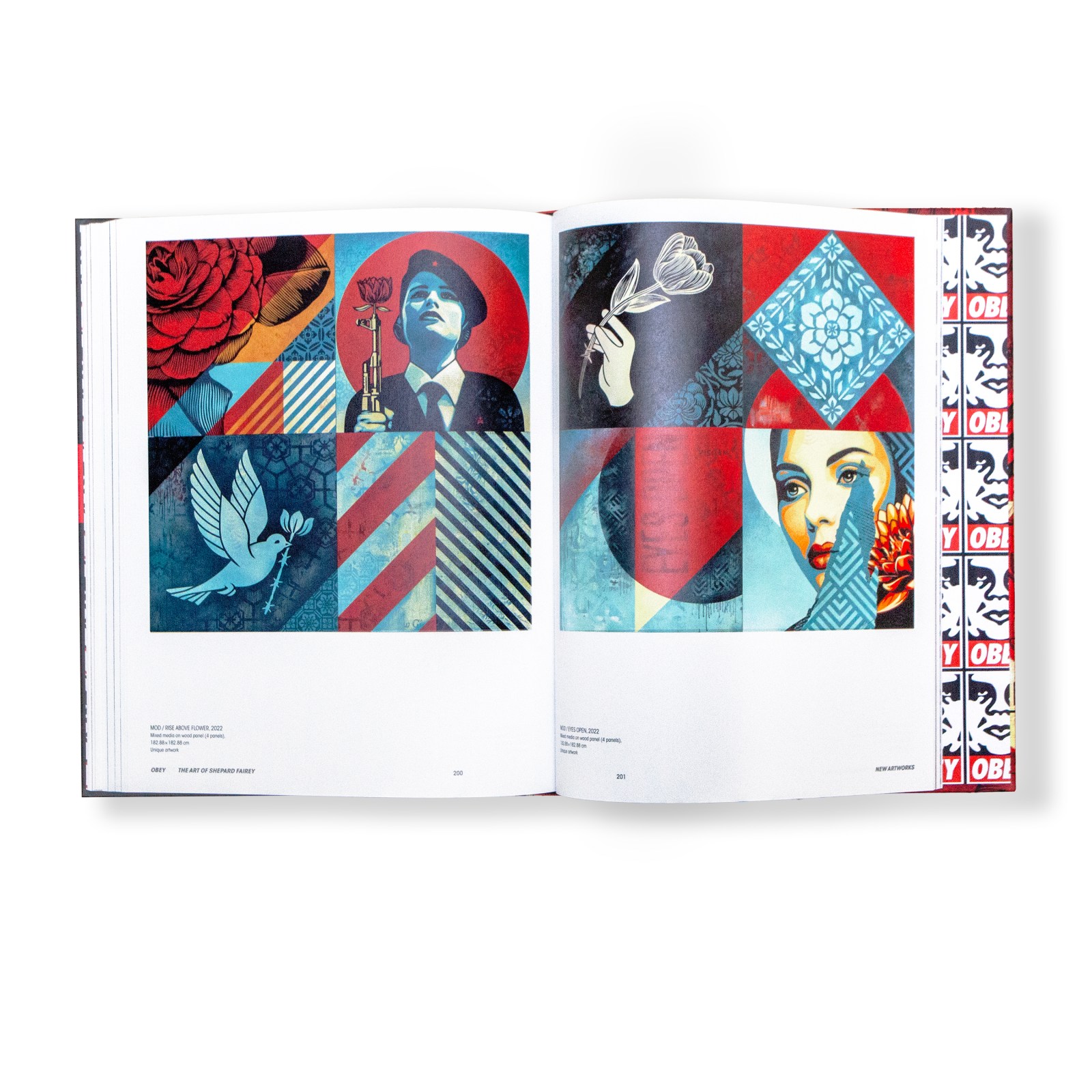 An open book displaying two colorful pop art prints: one with a rose, a dove, and a figure holding a trophy, and another&hellip;