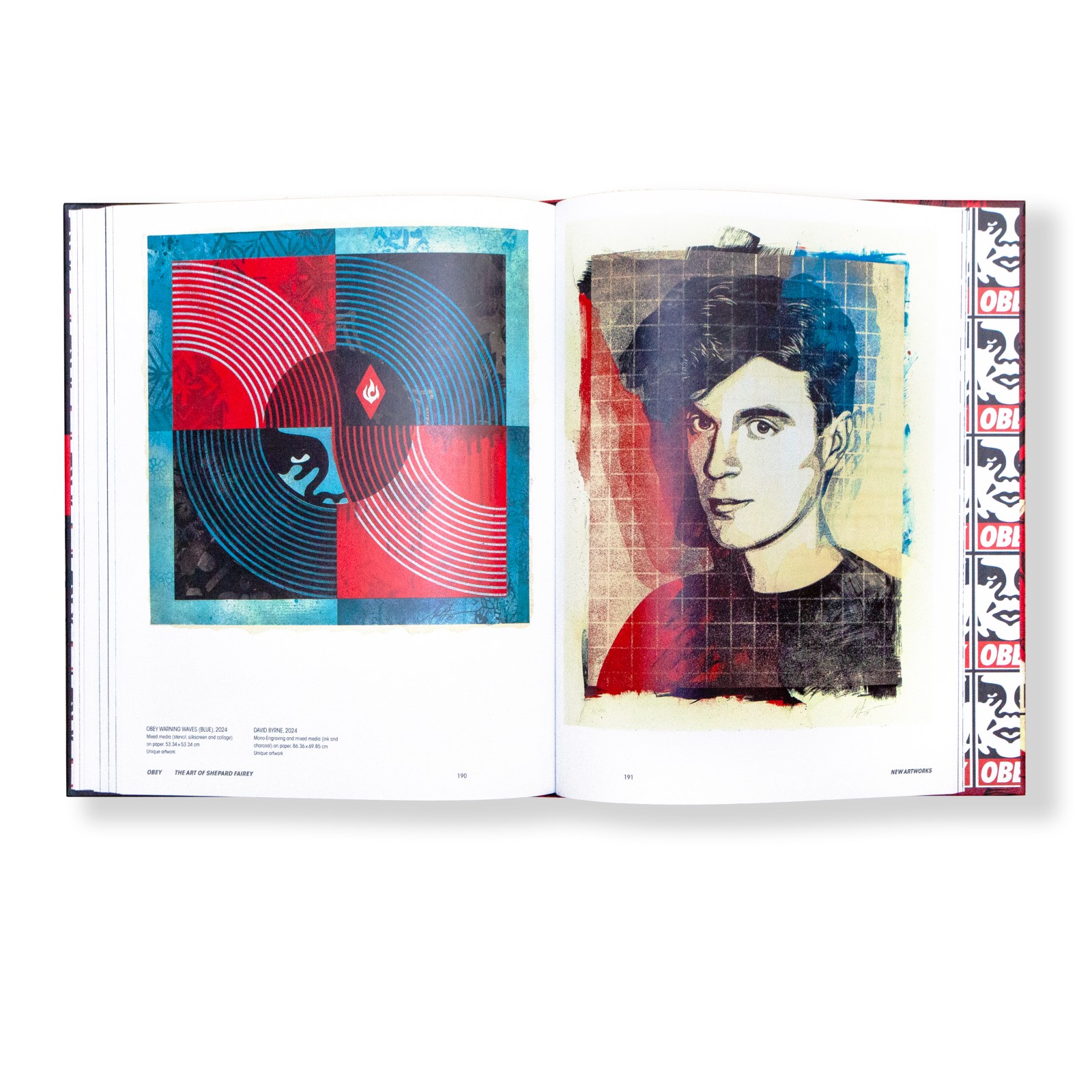 An open book displaying two pop art prints: one with concentric circles and a face, and another a portrait of a man with&hellip;