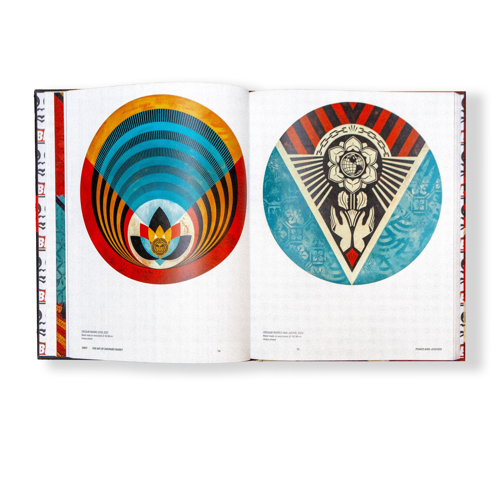 An open book displaying two circular pop art prints: one with concentric patterns in blue, red, and yellow, and another with&hellip;