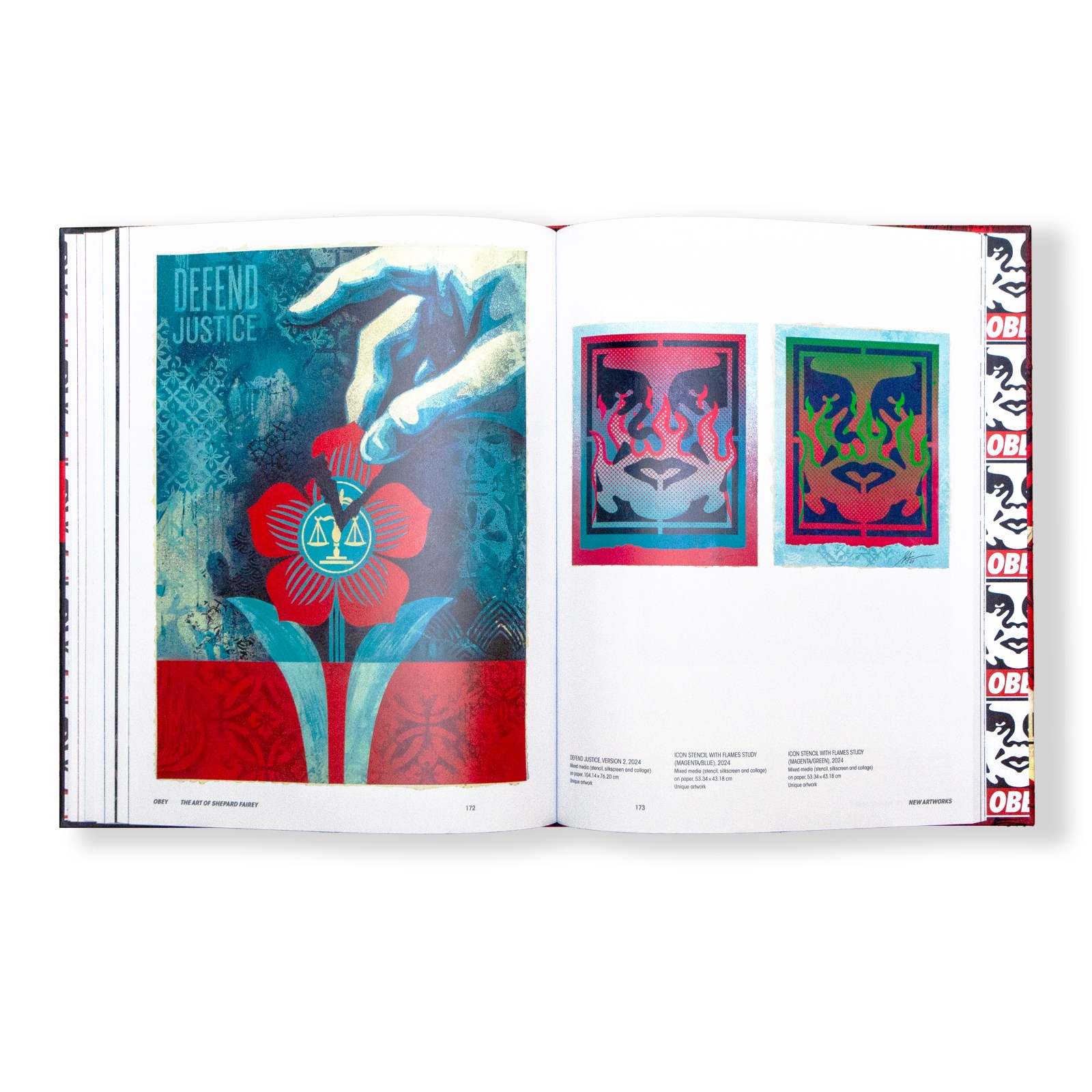 An open book displaying a pop art print with a hand holding a flower with scales of justice, and two smaller prints of&hellip;