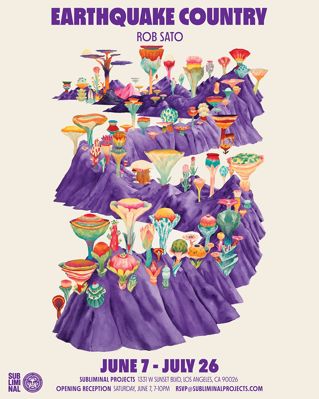 A poster for "EARTHQUAKE COUNTRY" by Rob Sato, featuring purple mountains with colorful, mushroom-like structures on top&hellip;