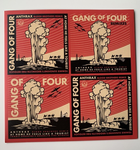 Four identical album covers for Gang of Four Remixes, featuring a mushroom cloud, planes, and camels on a red background.
