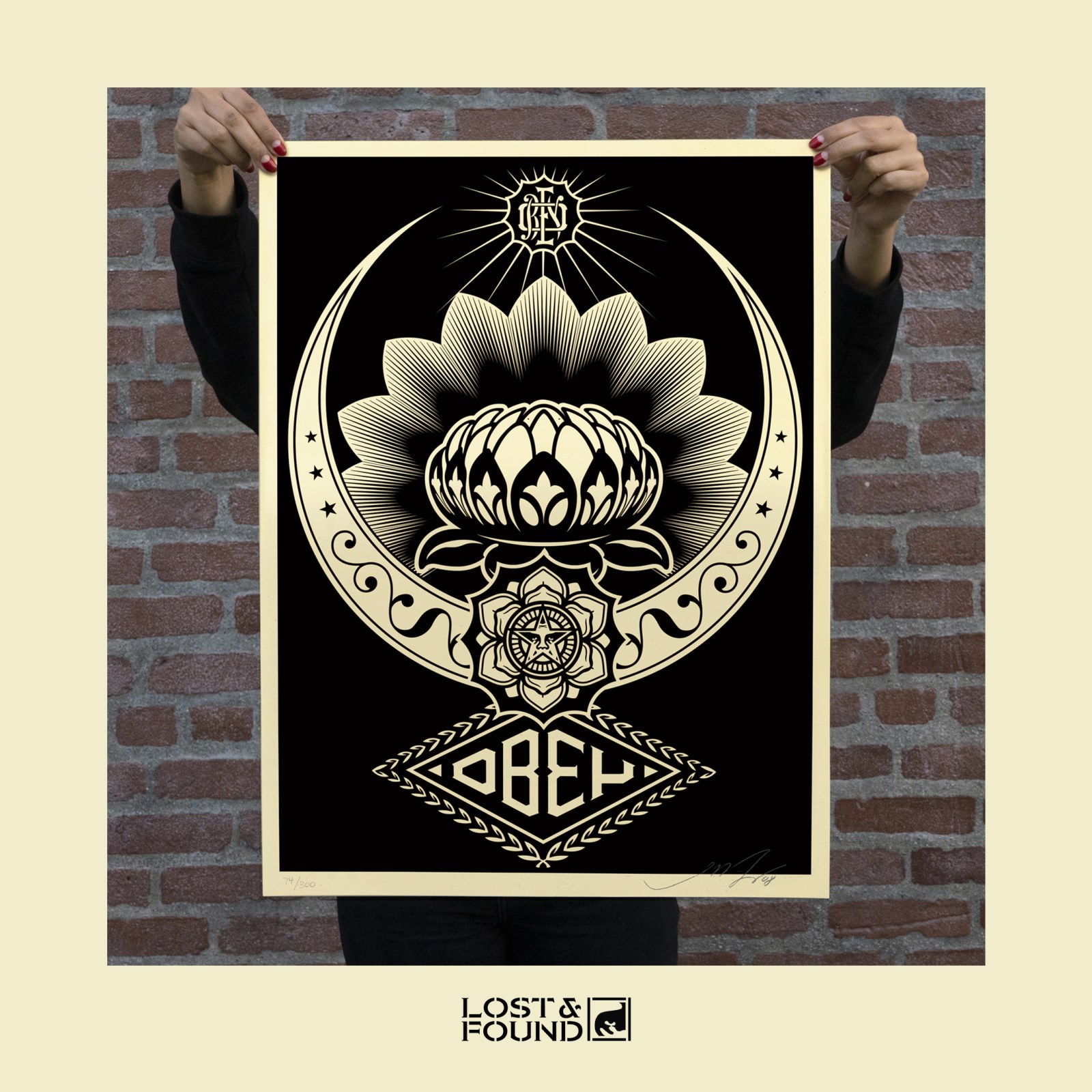 OBEY Giant screen print; black background, gold design; crescent moon, flower, logo; 74/300.