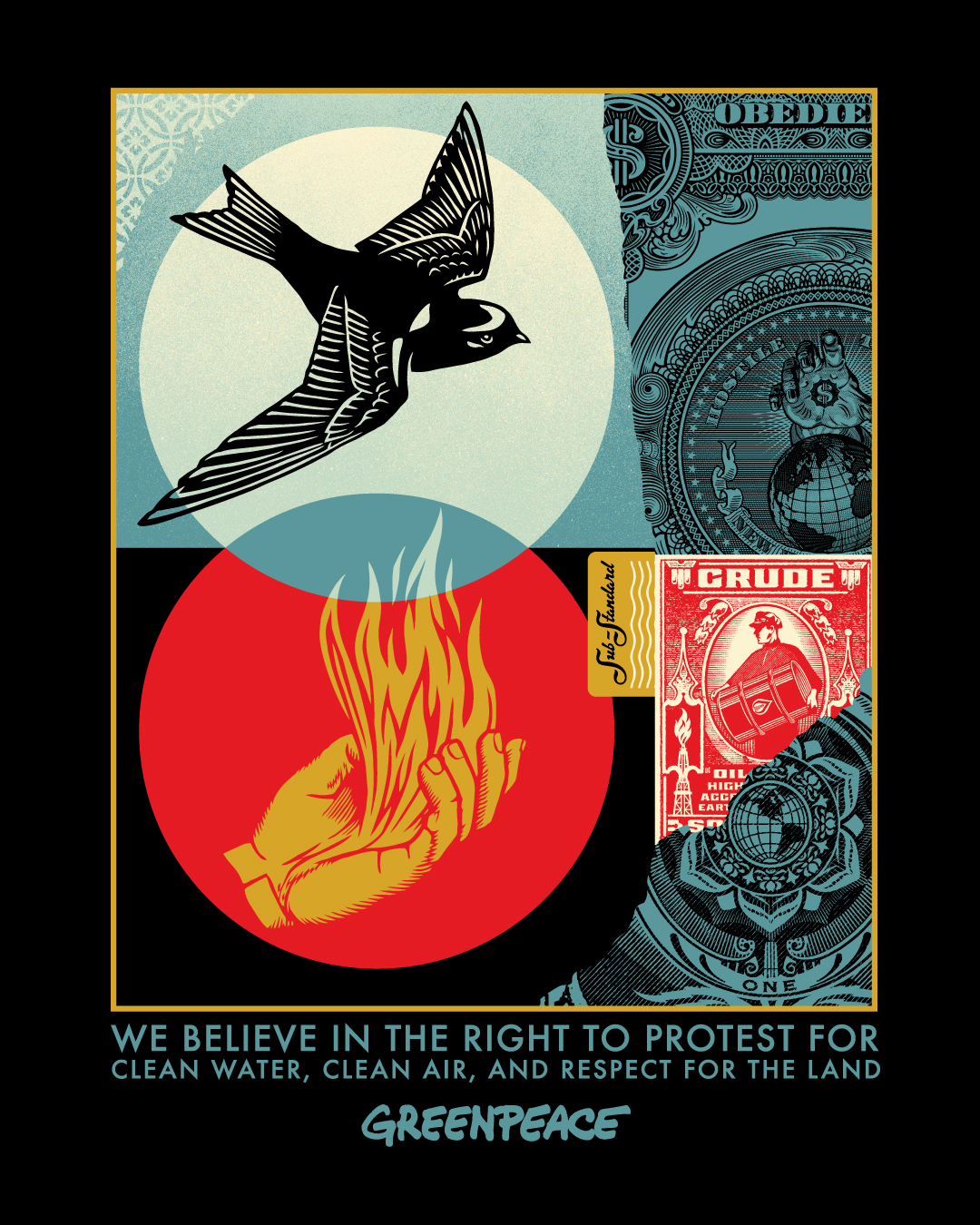 A graphic design poster with a bird, a hand holding fire, and text: WE BELIEVE IN THE RIGHT TO PROTEST FOR CLEAN WATER&hellip;