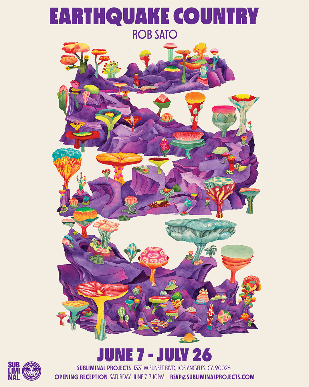 A poster for "Earthquake Country" by Rob Sato, featuring a watercolor painting of purple, undulating hills covered in&hellip;