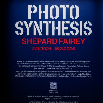 A poster for the "Photo Synthesis Shepard Fairey" exhibition, with dates 2.11.2024-16.3.2025, and details about the…